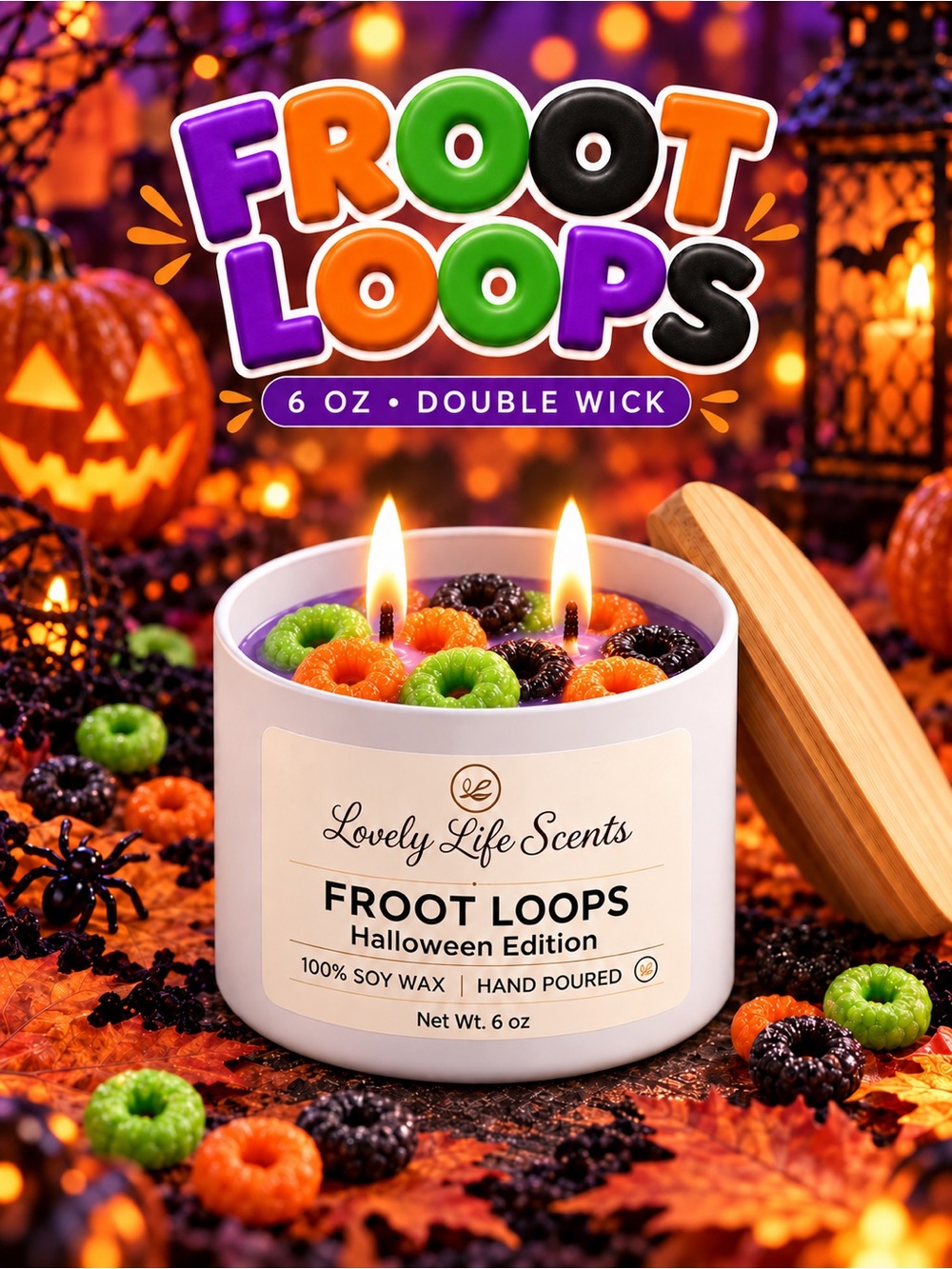 Froot Loops Halloween Edition Double wick 6oz Soy Candle from Lovely Life Scents